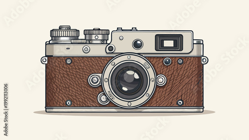 Vintage rangefinder camera illustration, classic retro film photography equipment with brown leather texture and metal details