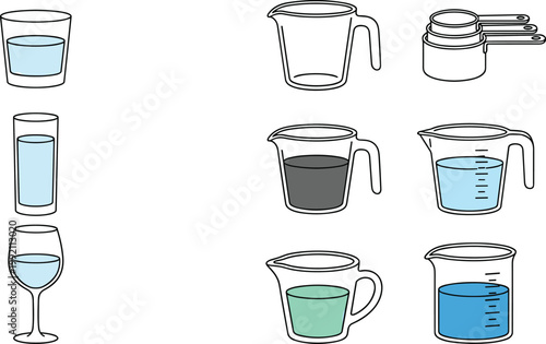 Glassware with liquid levels and measuring cups collection for kitchen use