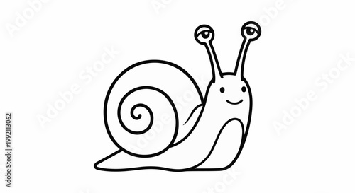 A simple, happy black and white illustration of a cartoon snail with its shell