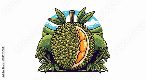 A spiky, sliced durian rests amidst lush green leaves and rolling hills under a blue sky