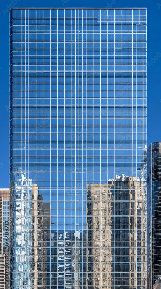 Obraz premium Modern skyscraper with reflective glass facade in urban cityscape