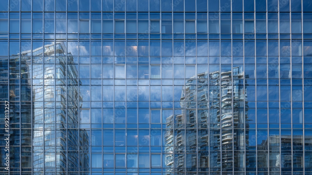 Fototapeta premium Modern skyscraper facade reflecting cityscape and cloudy sky