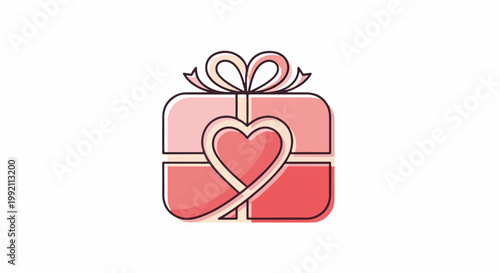 A simple illustration of a pink gift box with a heart and a bow
