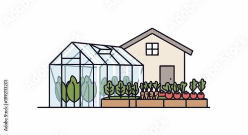 A simple illustration of a house, a greenhouse, and a garden with vegetables