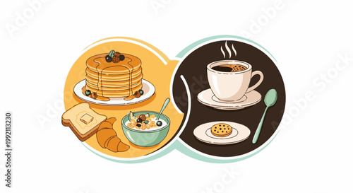 A split image shows a delicious breakfast spread on the left and a steaming cup of coffee with cookies on the right