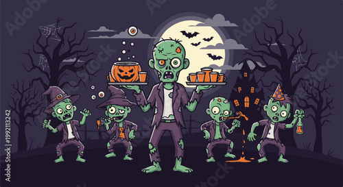 A spooky group of cartoon zombies celebrate Halloween with a spooky, moonlit night, bats flying around