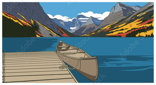 A serene lake with a docked canoe amidst majestic, autumn-hued mountains