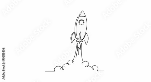 A simple line drawing of a rocket launching, with trails of smoke