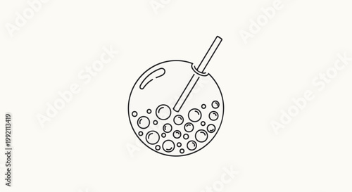 A simple line drawing of a round glass containing many bubbles and a straw