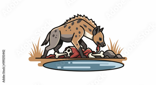 A spotted hyena feasts on a carcass by a waterhole