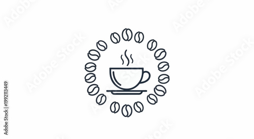 A simple line drawing of a steaming coffee cup at the center surrounded by a circle of coffee beans