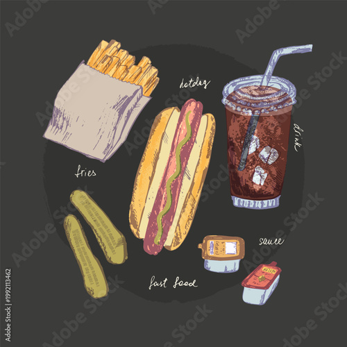 Hand drawn ink sketch of food and drink objects. Fast food hot dog french fries sauce soda drink. Menu background