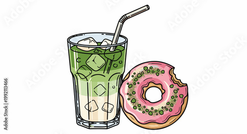 A refreshing layered beverage with ice and a bite taken from a pink frosted donut