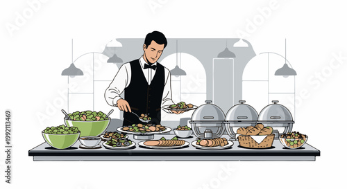 A server in a vest and bowtie presents a buffet with various food items and serving dishes