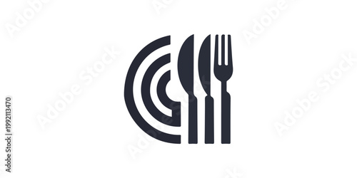 Dishes. Spoon, fork, knife and plates icons set, menu logo, cutlery silhouette. Illustration.