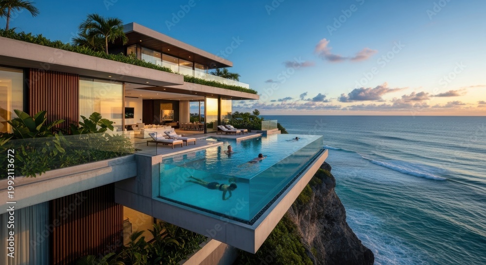Fototapeta premium Luxury cliffside villa with infinity pool at sunset, ocean view, people swimming
