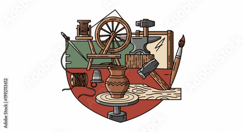 A shield crest displaying tools for crafts like pottery, metalworking, and textile creation