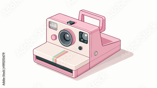 Pink vintage instant camera illustration, retro style photography equipment, pastel colored camera design