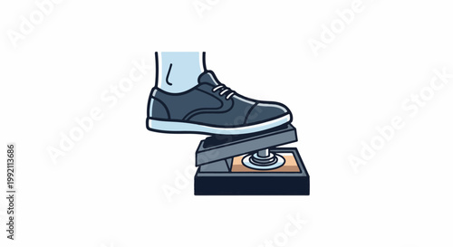 A shoe presses down on a device with a circular button and brown surface