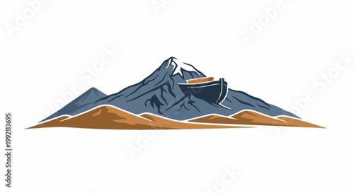 A ship rests on a snowy mountain peak, with smaller peaks and desert terrain below
