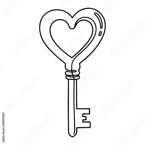 Heart Shaped Key Continuous One Line Art Minimalist Romantic Valentine Symbol of Love and Trust Vector