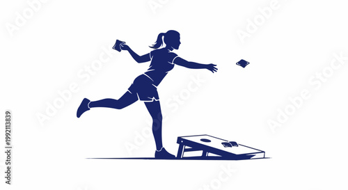 A silhouette of a woman playing cornhole, mid-throw, targeting a board