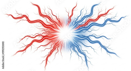 Vibrant red and blue lightning bolts emanate from a central white explosion.