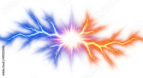 Electricity discharge sparks blue and orange lights on a white surface
