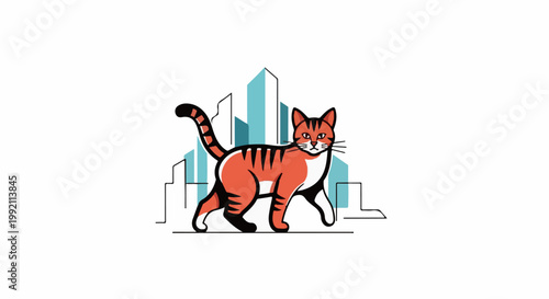 A playful orange tabby cat walks in front of abstract teal buildings
