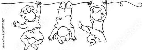 Children playfully hanging upside down from a continuous line drawing