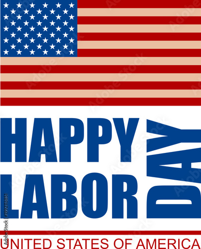 Happy Labor Day icon typography designs with USA flag elements, wrench tools and patriotic colors in red, blue and gray, perfect for holiday greetings, posters and celebration graphics.