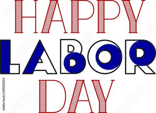 Happy Labor Day icon typography designs with USA flag elements, wrench tools and patriotic colors in red, blue and gray, perfect for holiday greetings, posters and celebration graphics.