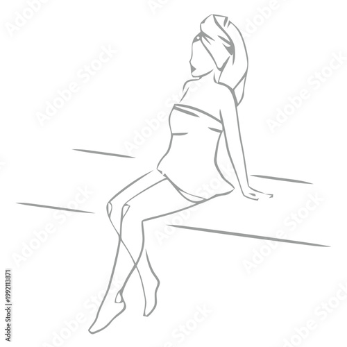 Sketch of a pregnant woman seated with a towel on her head
