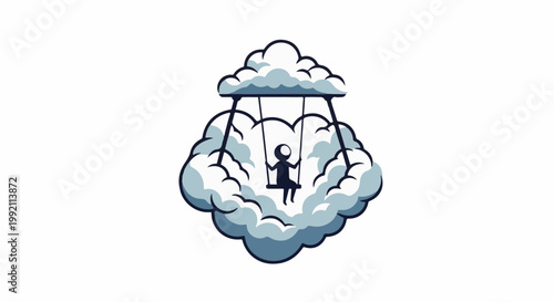 A silhouette swings on a cloud, suspended by ropes from another cloud