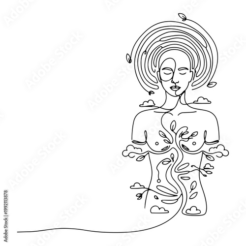 Woman Torso with Growing Plants Continuous One Line Art Minimalist Nature Beauty Wellness Illustration Vector