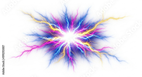 Vibrant colorful lightning bolts radiate from a central white point on a plain background
