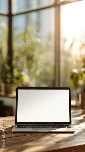 Open laptop on wooden table in sunlit modern office with plants