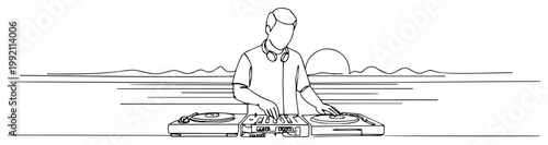DJ Mixing Music at Beach Party Sunset Continuous Line Art Minimalist Summer Event Vector Illustration
