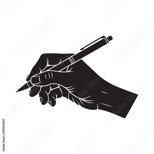 Hand holding pen writing or signing document black silhouette vector illustration for business and education