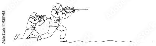 Two Snipers in Action Continuous One Line Art Minimalist Military Tactical Soldiers Illustration Vector