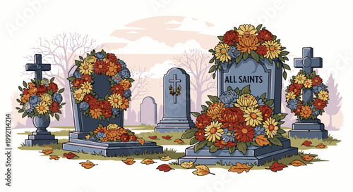 A somber graveyard scene with tombstones adorned with colorful floral wreaths and fallen autumn leaves