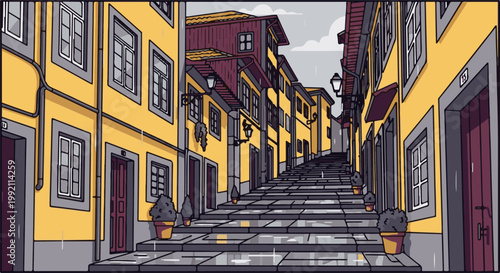 A pixel art illustration of a narrow, cobblestone street lined with yellow buildings and leading up a steep staircase, with rain falling