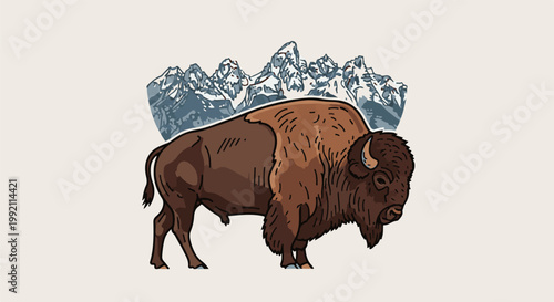 A pixel art bison stands before snow-capped mountains under a pale sky