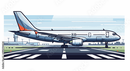 A pixel art airplane on a runway at an airport with a city skyline in the background