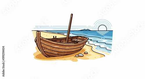 A simple wooden boat rests on a sandy beach with gentle waves lapping at the shore under a stylized sunset
