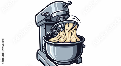 A silver stand mixer is kneading a golden dough in a stainless steel bowl