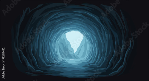 A pixelated cavern tunnel with rough, jagged walls, leading to a bright opening with water