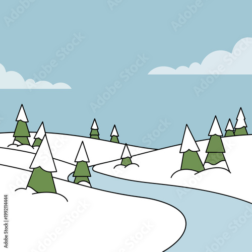 Cute snowy village with small houses pine trees and winding path covered in snow under soft sky creating cozy winter holiday scene representing warmth happiness and peaceful countryside life