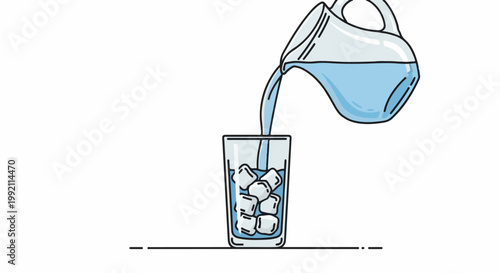 A pitcher pours cool water with ice into a clear glass
