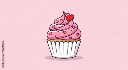 A pink frosted cupcake with heart decorations and a red heart topper
